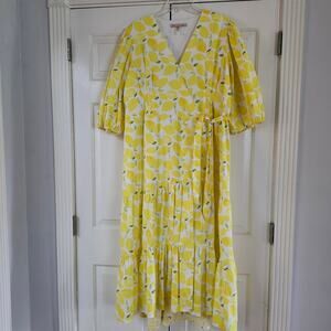 Hutch Anthropologie v-neck tiered wrap midi dress yellow lemon print sz 2X